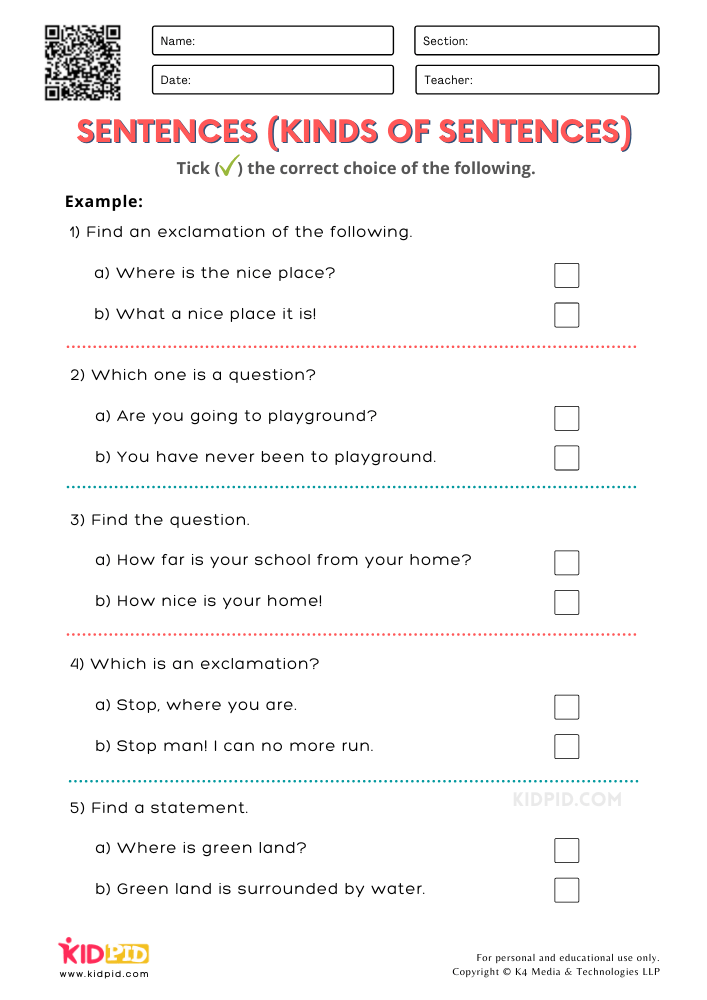 WORKSHEET 11 Kinds of Sentences Free Printable Worksheets for Grade 2