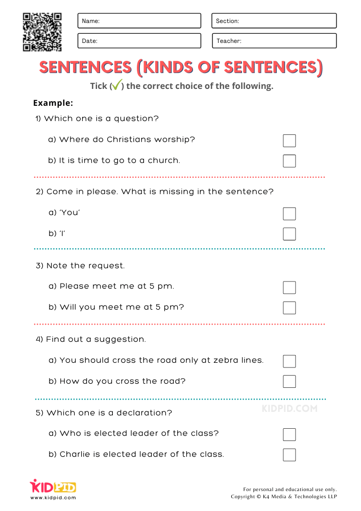 WORKSHEET 13 Kinds of Sentences Free Printable Worksheets for Grade 2
