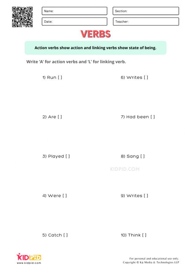 Action And Linking Verbs Worksheets Middle School