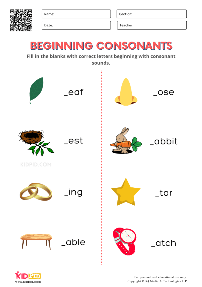 Beginning Consonants Free Printable Worksheets for Kindergarten