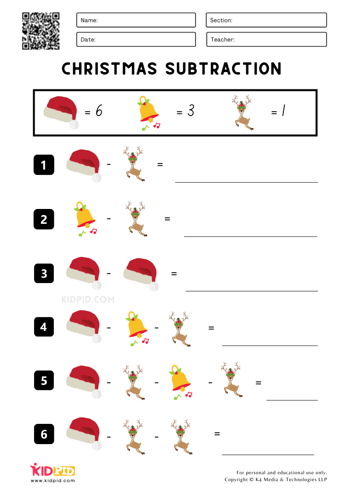 Christmas Subtraction Printable Worksheets for Grade 1