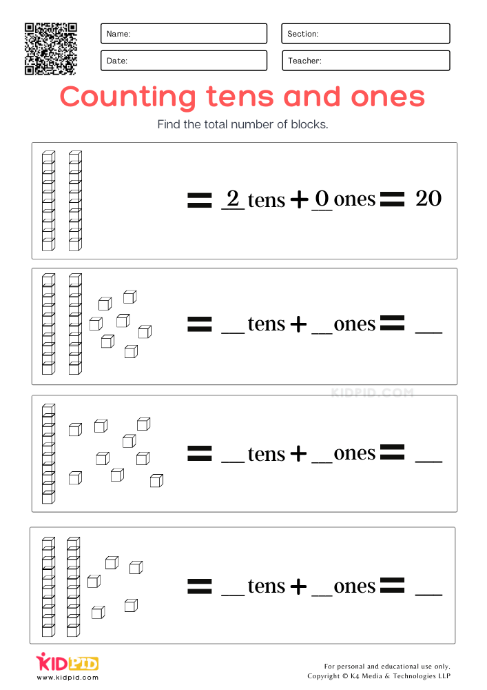 Counting using base 10 blocks Printable Worksheets for Grade 1