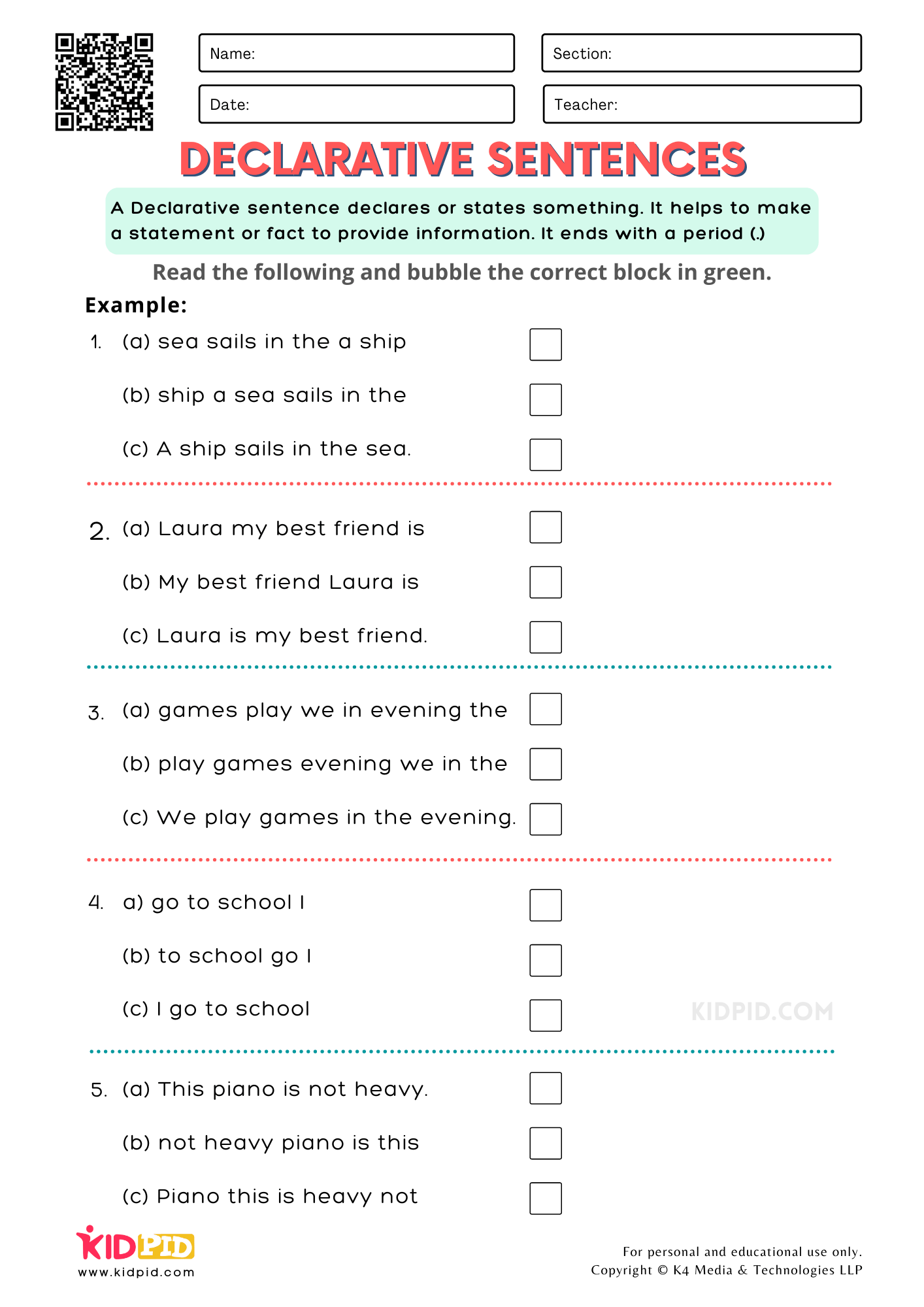 Declarative Sentence Worksheet First Grade