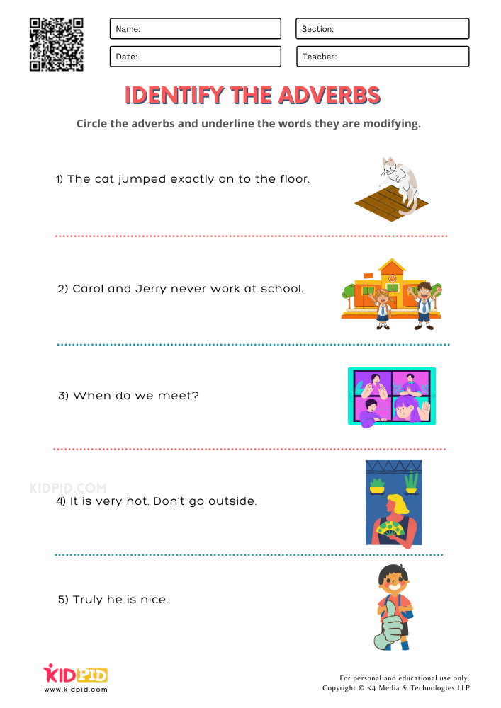 WORKSHEET 2 Identify the Adverbs Free Printable Worksheets for Grade 1