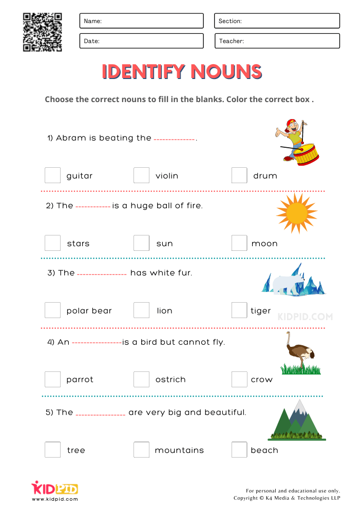 Identifying Nouns Worksheet 1st Grade