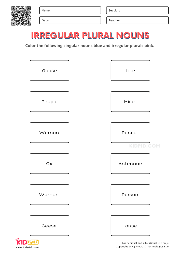 Irregular Plural Nouns Worksheets Grade 1