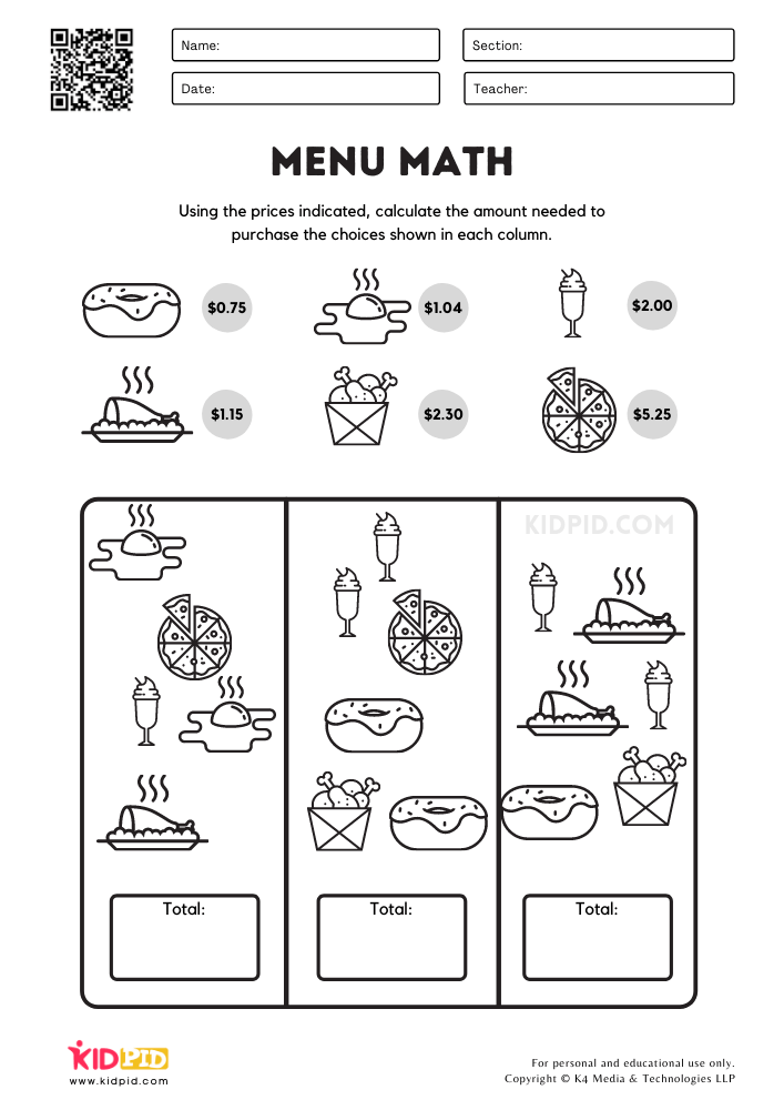 Menu Math Printable Worksheets For Kids Kidpid