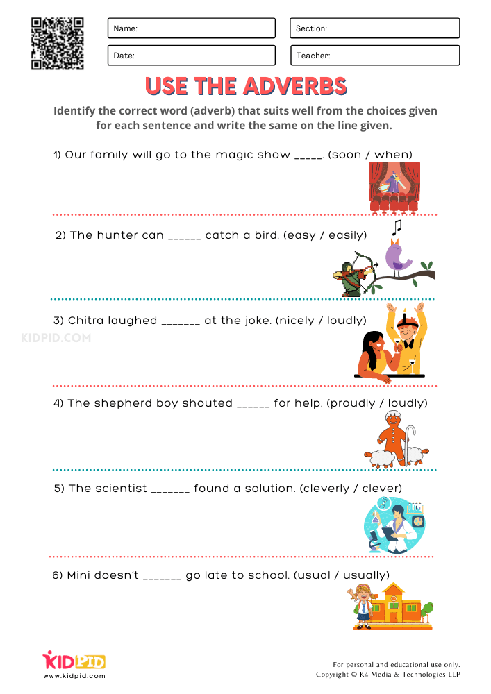 Use the Adverbs Printable Worksheets for Grade 1