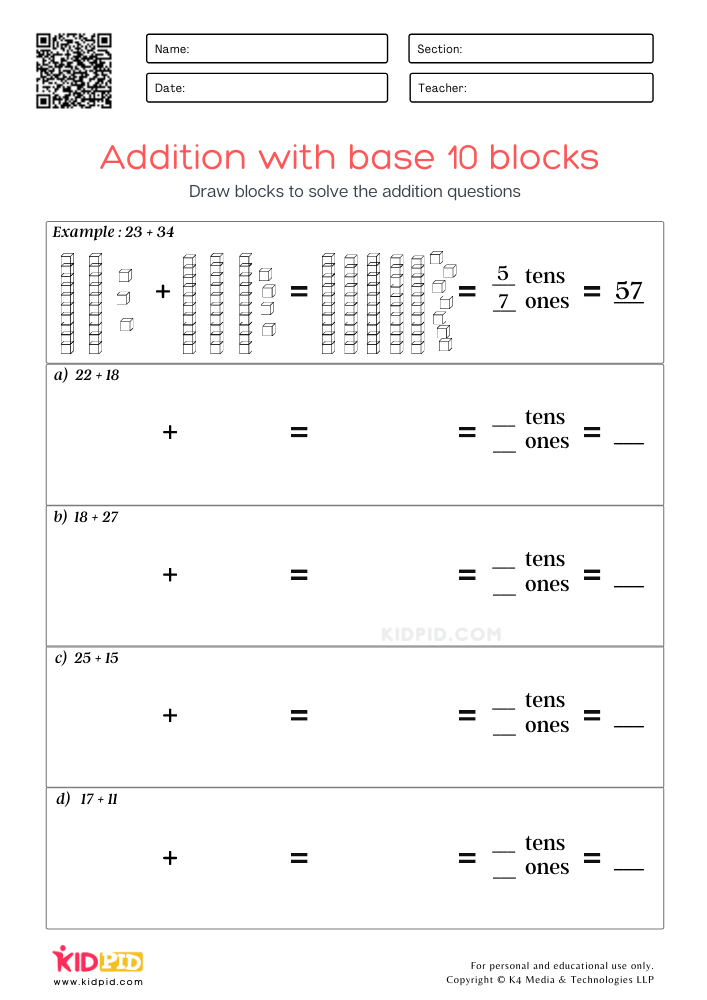 Addition with base 10 blocks Printable Worksheets for Grade 1