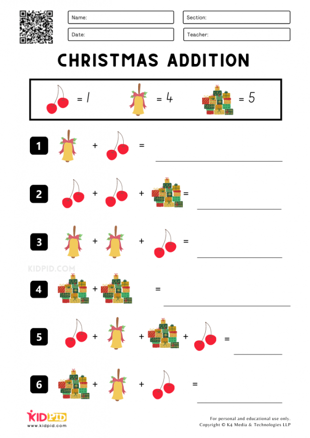 Christmas Addition Printable Worksheets for Grade 1  Kidpid