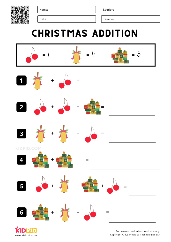 Christmas Addition Printable Worksheets for Grade 1