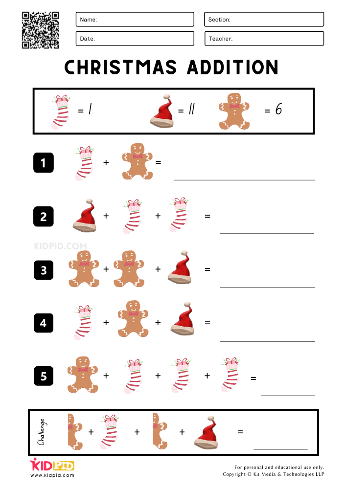 Christmas Addition Printable Worksheets for Grade 2