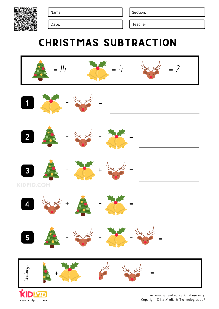 Christmas Subtraction Printable Worksheets for Grade 2