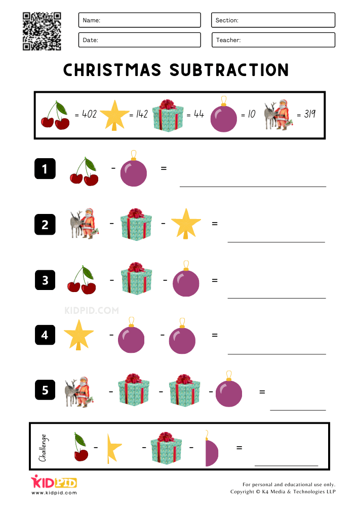 Christmas Subtraction Printable Worksheets for Grade 3
