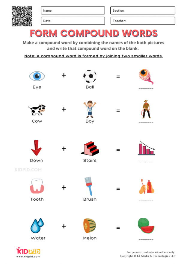 Form Compound Words Printable Worksheets for Grade 1 - Kidpid