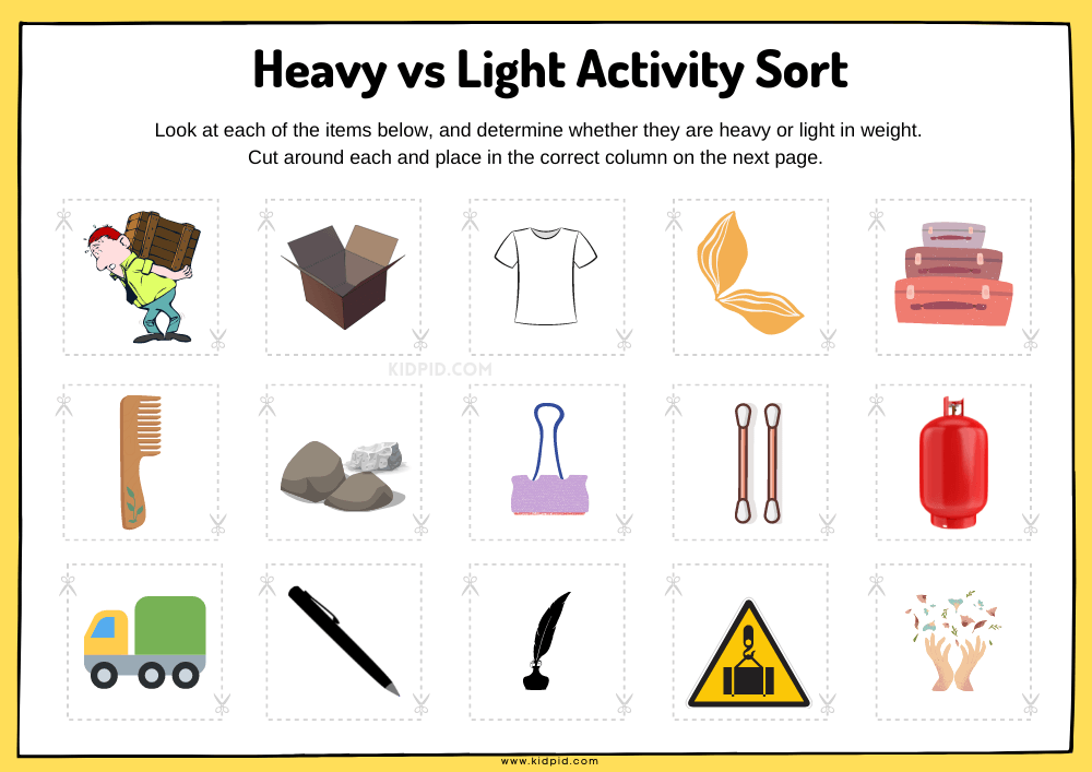 Heavy vs Light Sorting Activity Worksheets