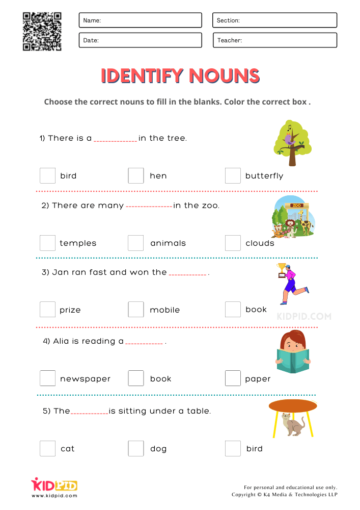 Identifying Nouns Worksheets for Grade 2