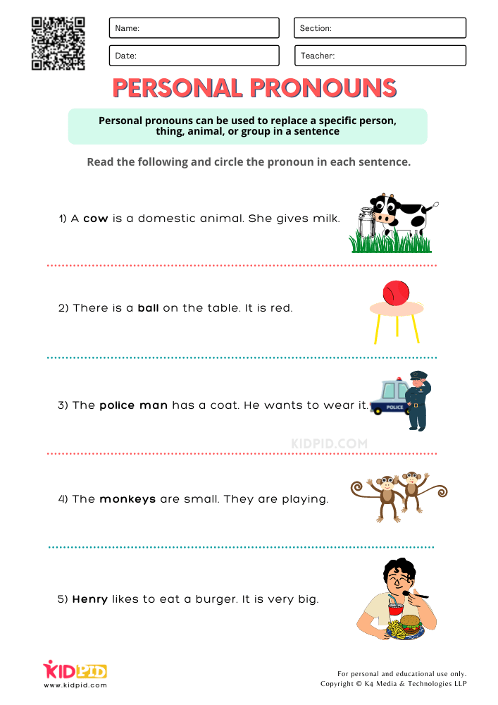 Personal Pronouns Worksheets for Grade 1