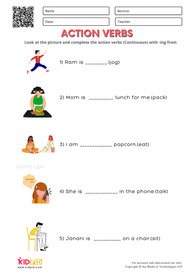 action verbs ending in ing printable worksheets for