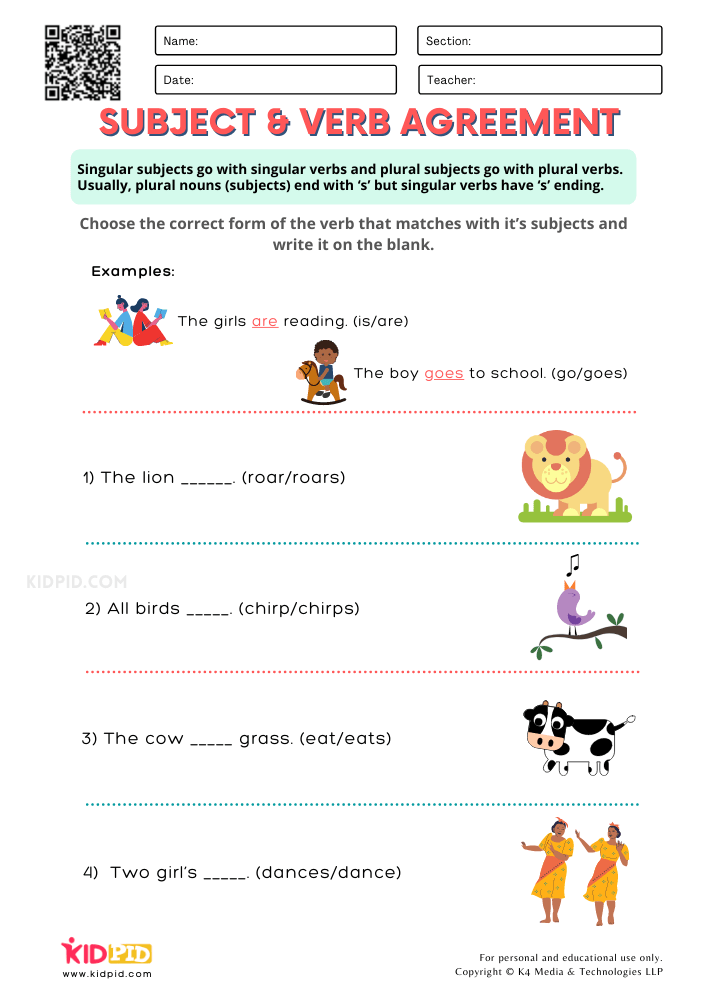 Agreement Of Subjects Verb Printable Worksheets For Grade 2 Kidpid