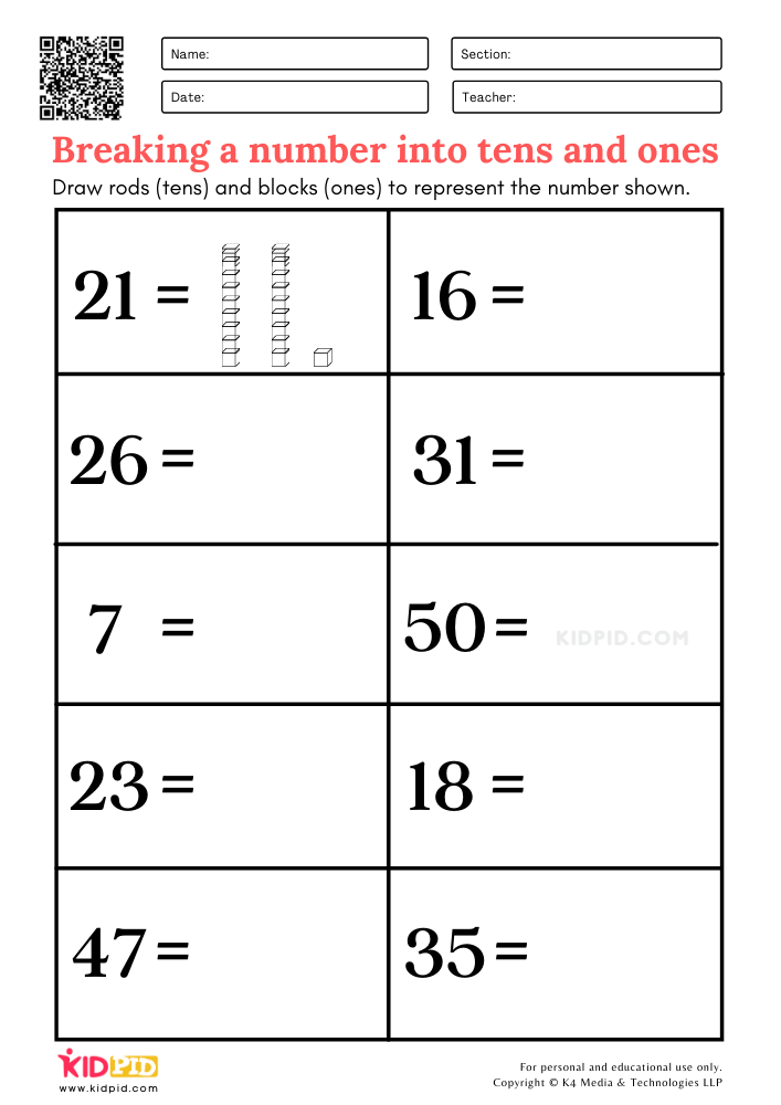 Breaking a number into tens and ones Printable Worksheets for Grade 1