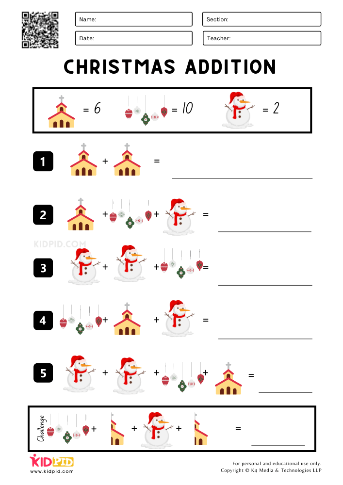 Christmas Addition Printable Worksheets for Grade 2