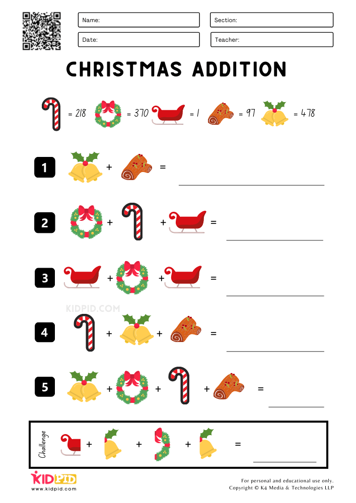 Christmas Addition Printable Worksheets for Grade 3