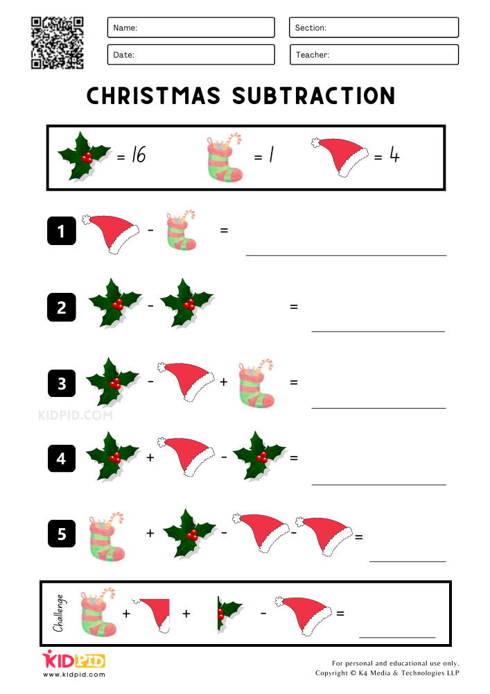 Christmas Subtraction Printable Worksheets for Grade 2
