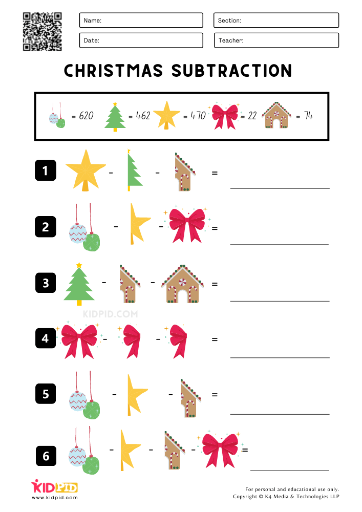 Christmas Subtraction Printable Worksheets for Grade 4
