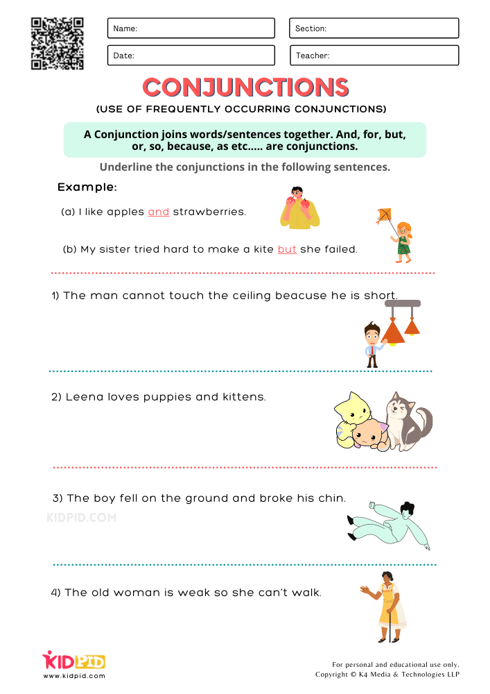 Conjunctions Printable Worksheets for Grade 1