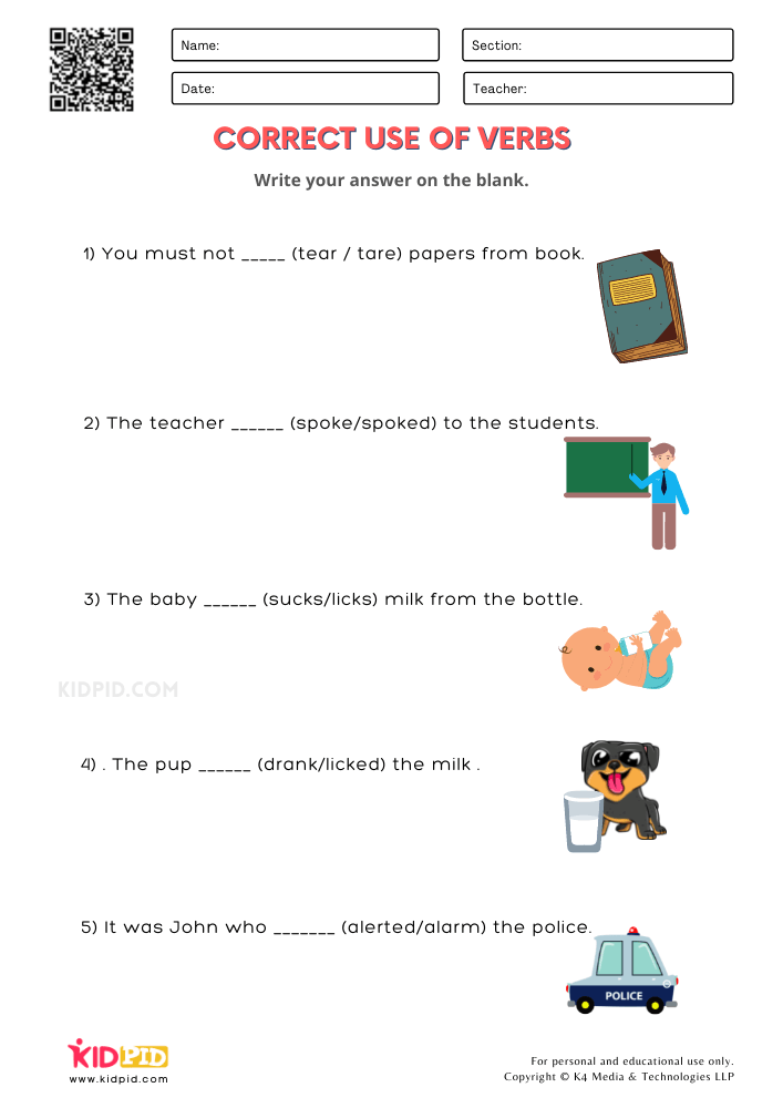 Correct Use of Verbs Printable Worksheets for Grade 1