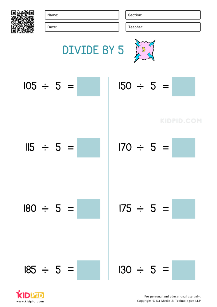 Divide by 5 Printable Worksheets