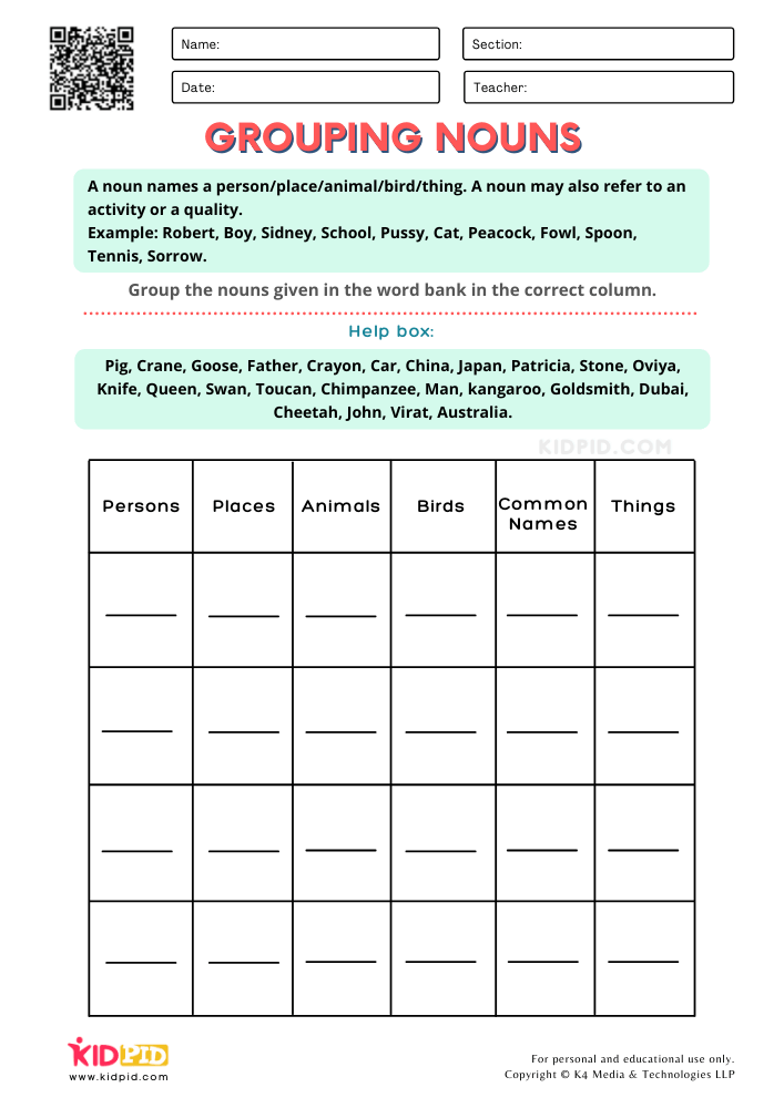 Grouping Nouns Printable Worksheets for Grade 2 - Kidpid