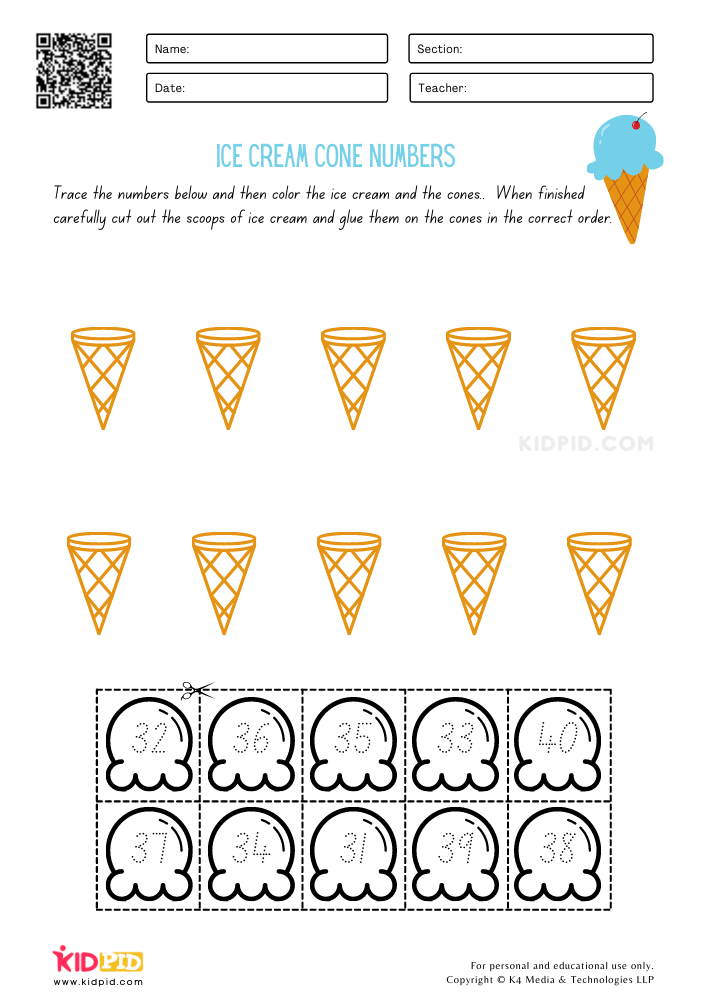 Ice Cream Cone Number Order Printable Worksheets