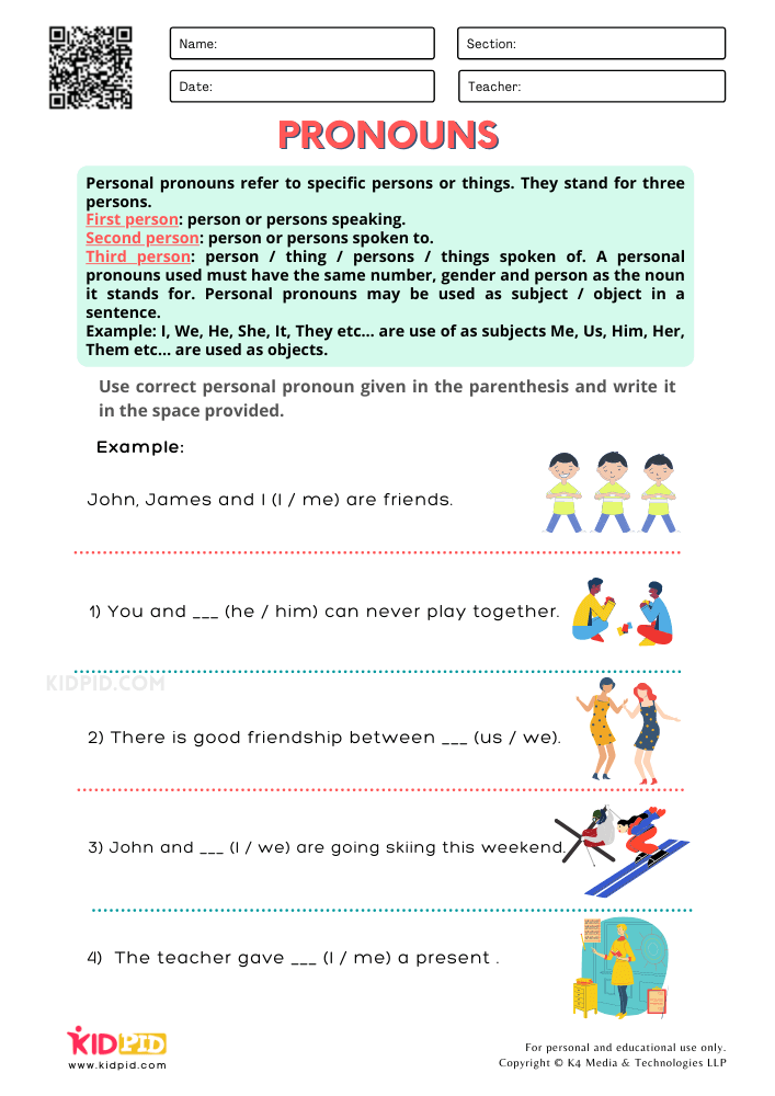 Identification of Pronouns Worksheets for Grade 2