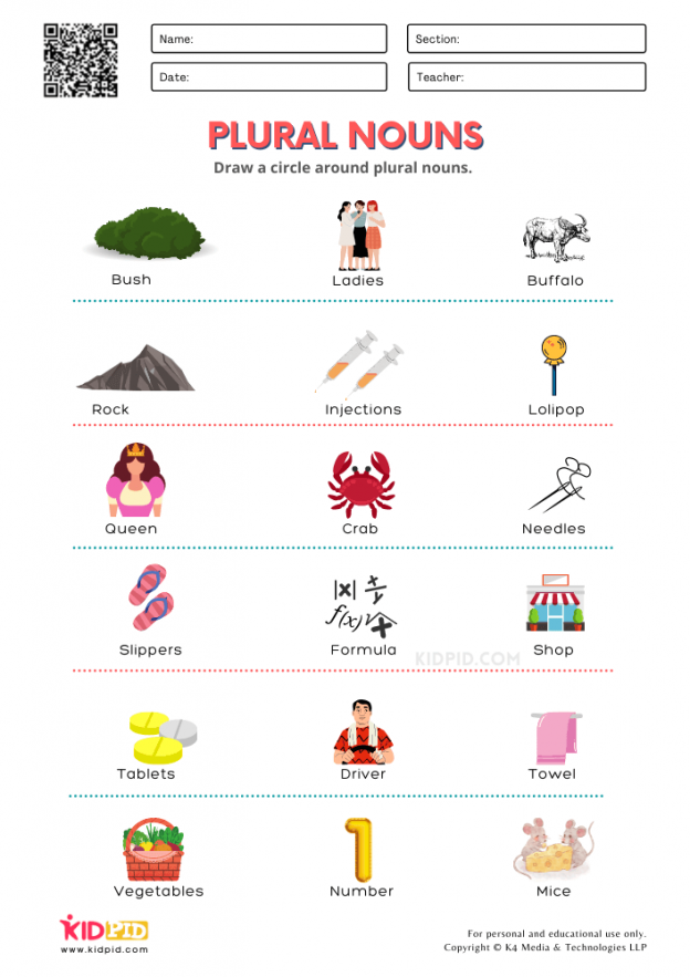 Identify Plural Nouns Printable Worksheets for Grade 1 - Kidpid