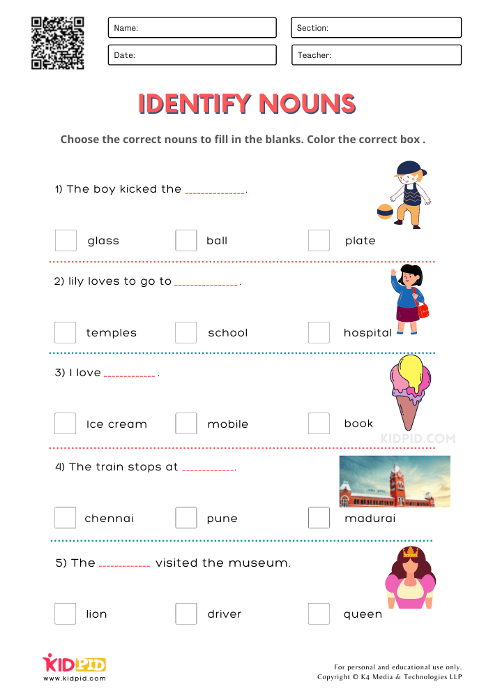Identifying Nouns Worksheets for Grade 2