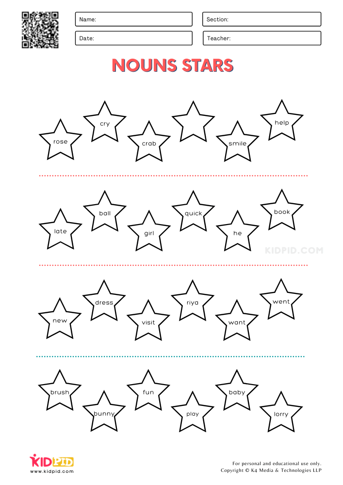 WORKSHEET 4 Nouns Stars Printable Worksheets for Grade 2