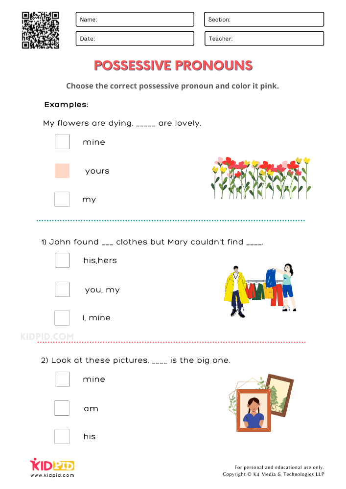 Possessive Pronouns Worksheets for Grade 1
