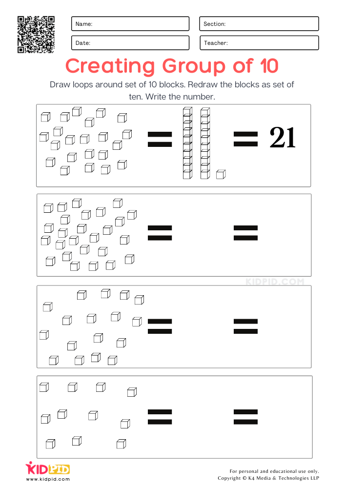 Regrouping with Base 10 blocks Printable Worksheets for Grade 1