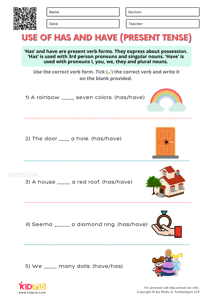 Use of Has and Have Worksheets for Grade 1