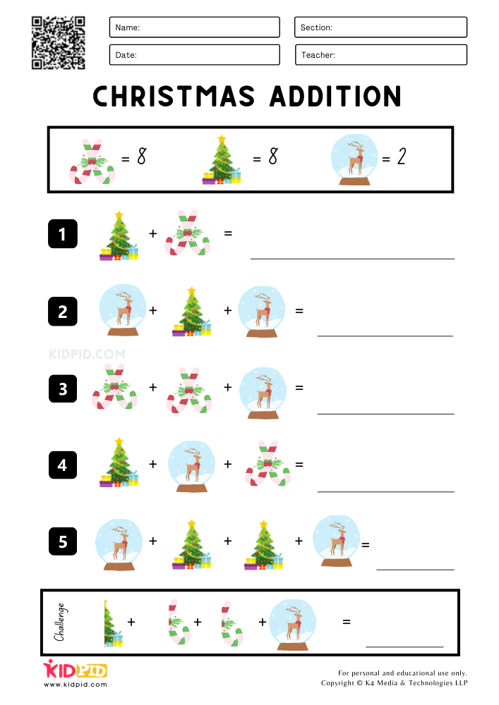  Christmas Addition Printable Worksheets for Grade 2