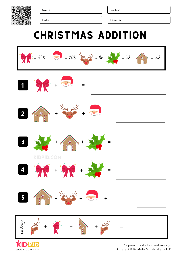 Christmas Addition Printable Worksheets for Grade 3