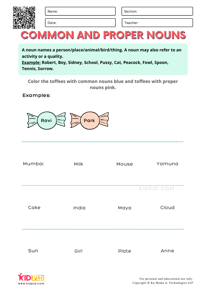 Common and Proper Nouns Printable Worksheets for Grade 2