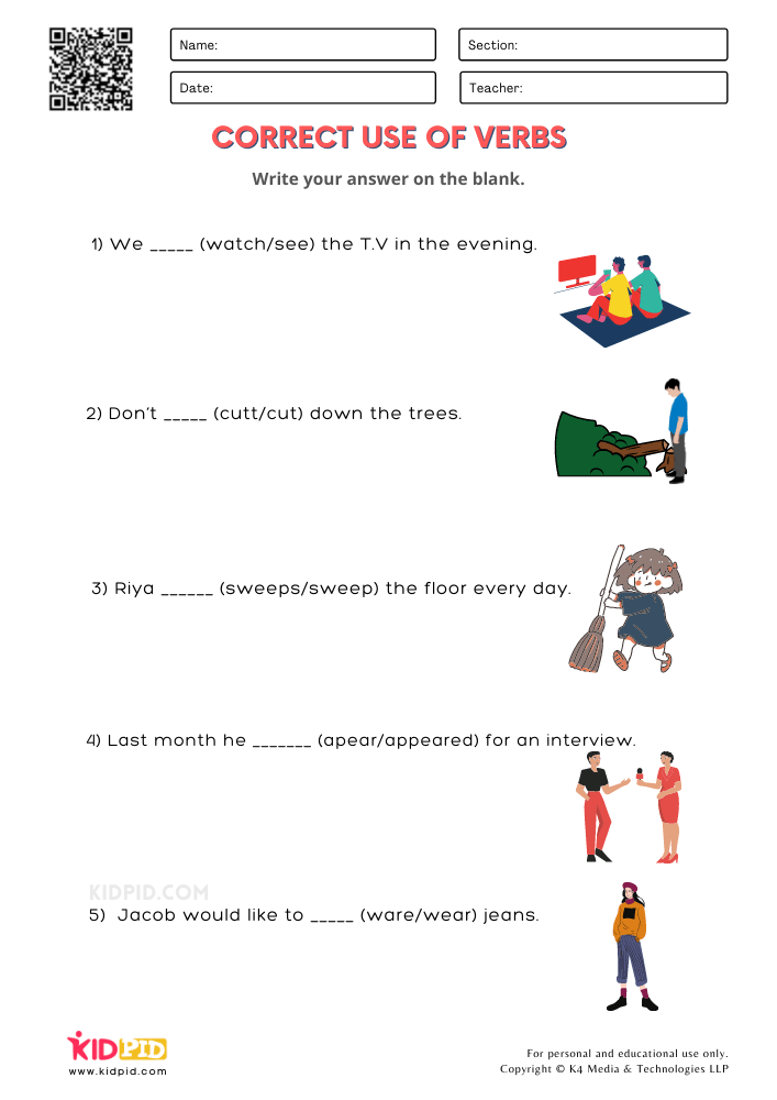 Correct Use of Verbs Printable Worksheets for Grade 1