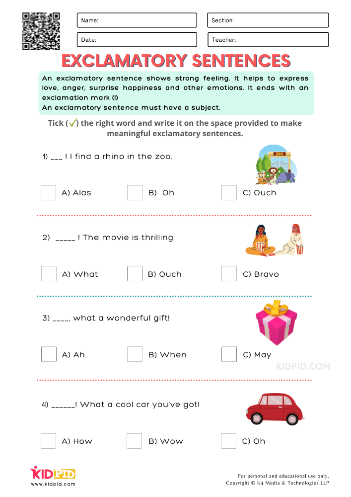 Exclamatory Sentence Free Printable Worksheets for Grade 1