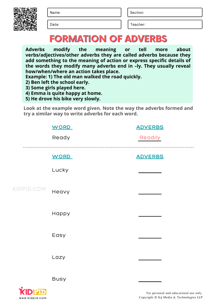 WORKSHEET 5 Formation of Adverbs Printable Worksheets for Grade 1