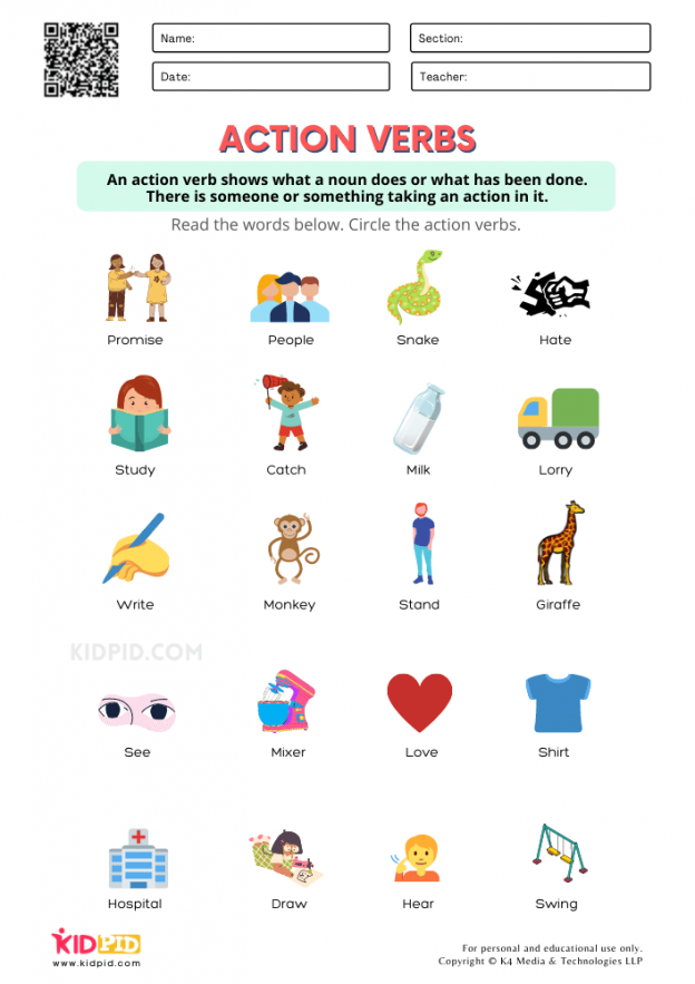 Identify Action Verbs Printable Worksheets For Grade 1 Kidpid Verbs Printable Worksheet Pack