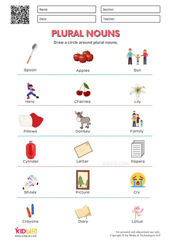 Identify Plural Nouns Printable Worksheets for Grade 1