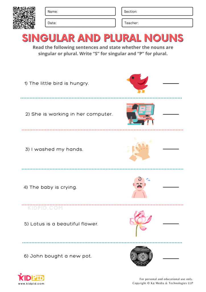 WORKSHEET 5 Identify Singular and Plural Nouns Printable Worksheets for Grade 1